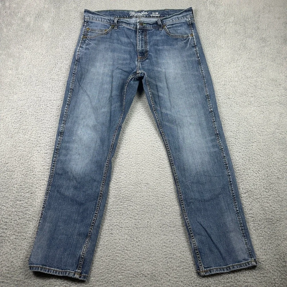 Wrangler Retro Slim Straight Jeans Mens 36x32 (Fits 35x29) Blue Stretch Denim