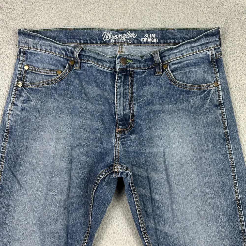 Wrangler Retro Slim Straight Jeans Mens 36x32 (Fits 35x29) Blue Stretch Denim
