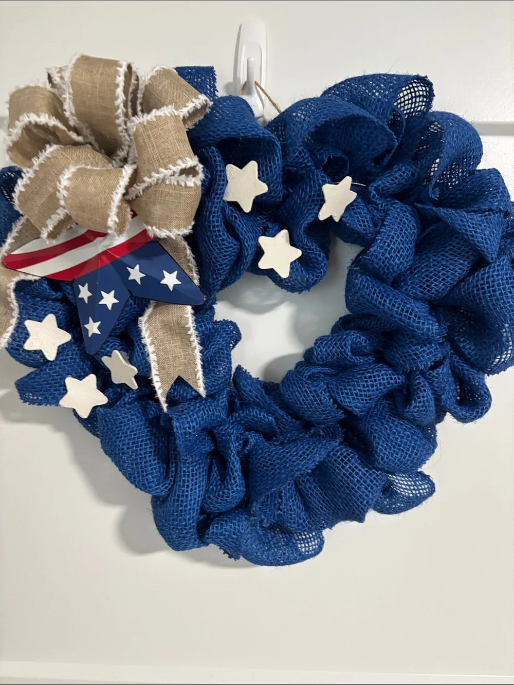 Hand Crafted Blue Burlap Patriotic Wreath with Tan Bow and White Stars