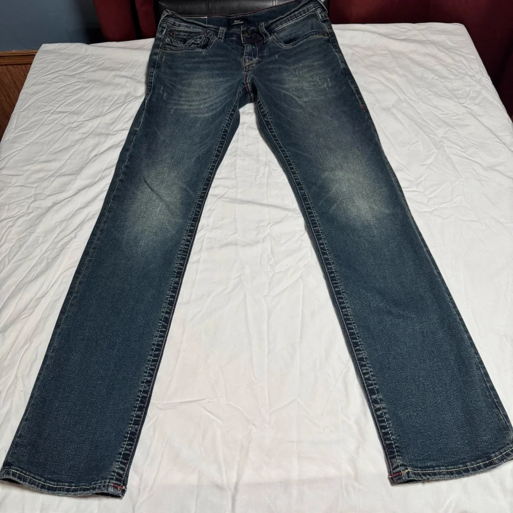 Men's True Religion Ricky Straight Jeans Waist 30 Blue with Red Stitching #90