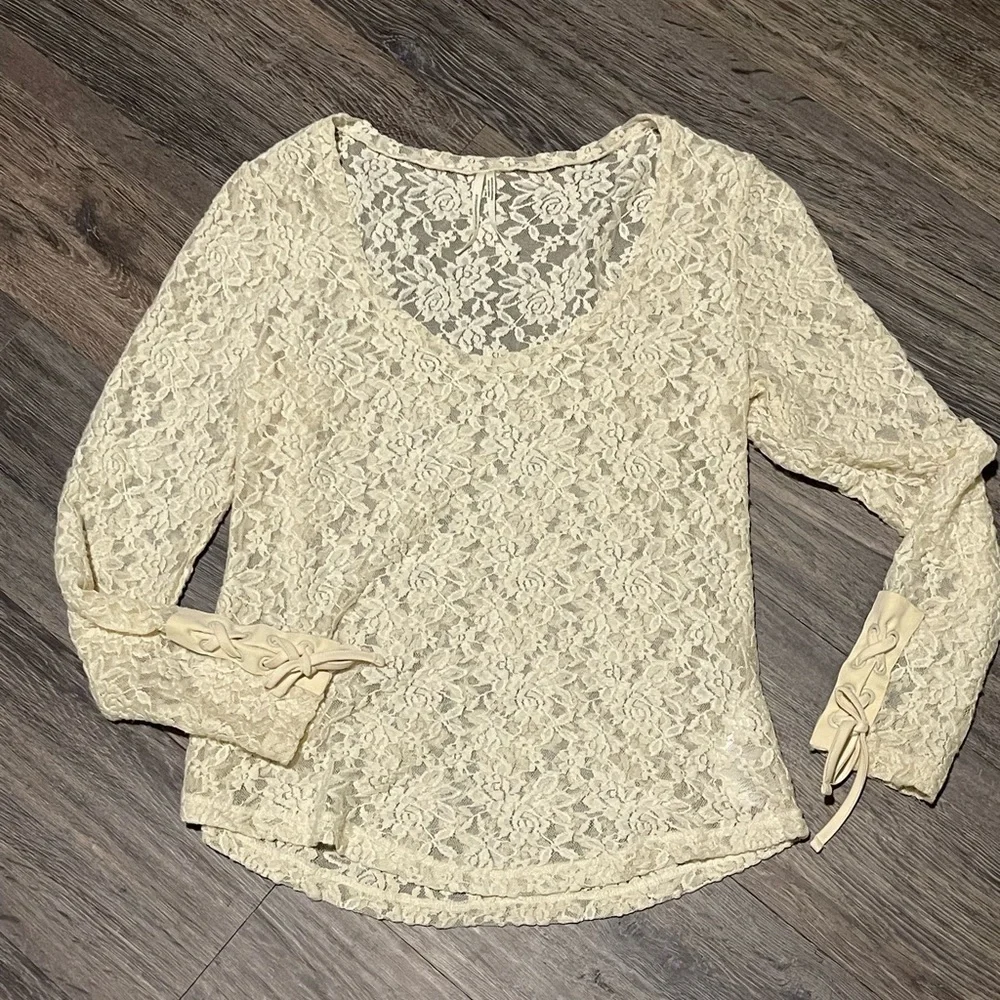 Anthropologie | Lace Sheer Long Sleeve with Tie Cuffs