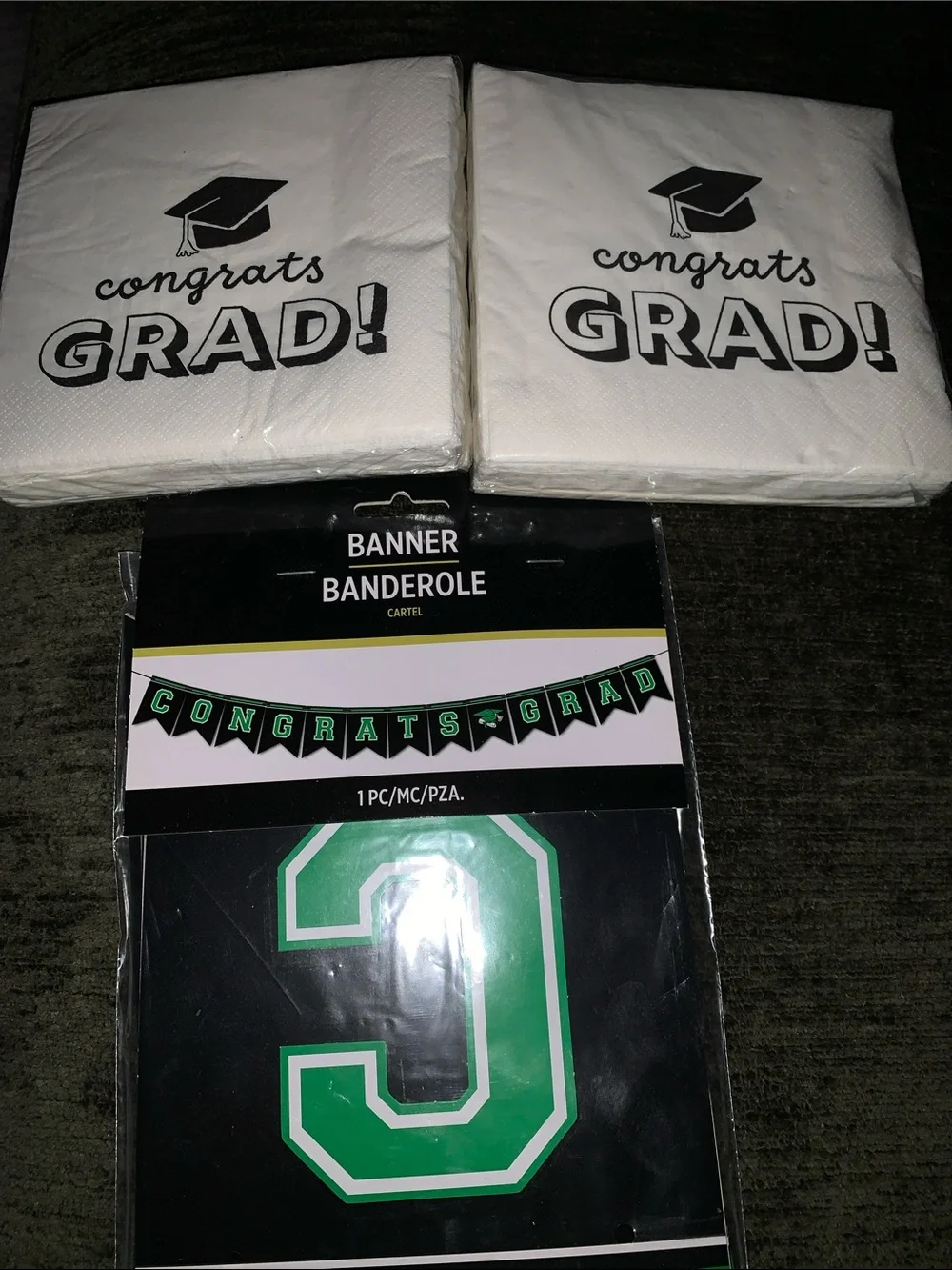🆕- Congrats Grad! White Napkins & Black/Green Banner Graduation Party Set