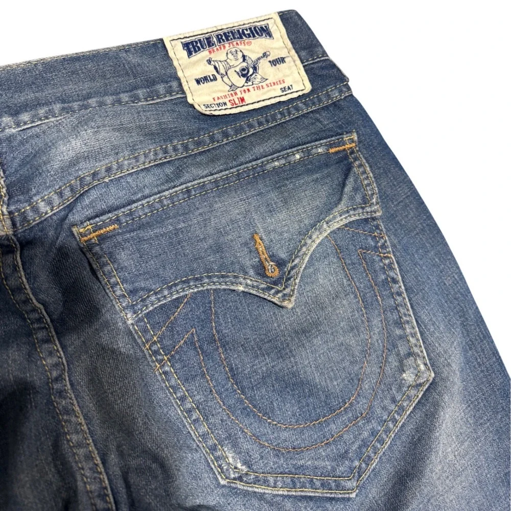 True Religion Slim Mens Blue Jeans Size 38 Made in USA Straight Leg Denim