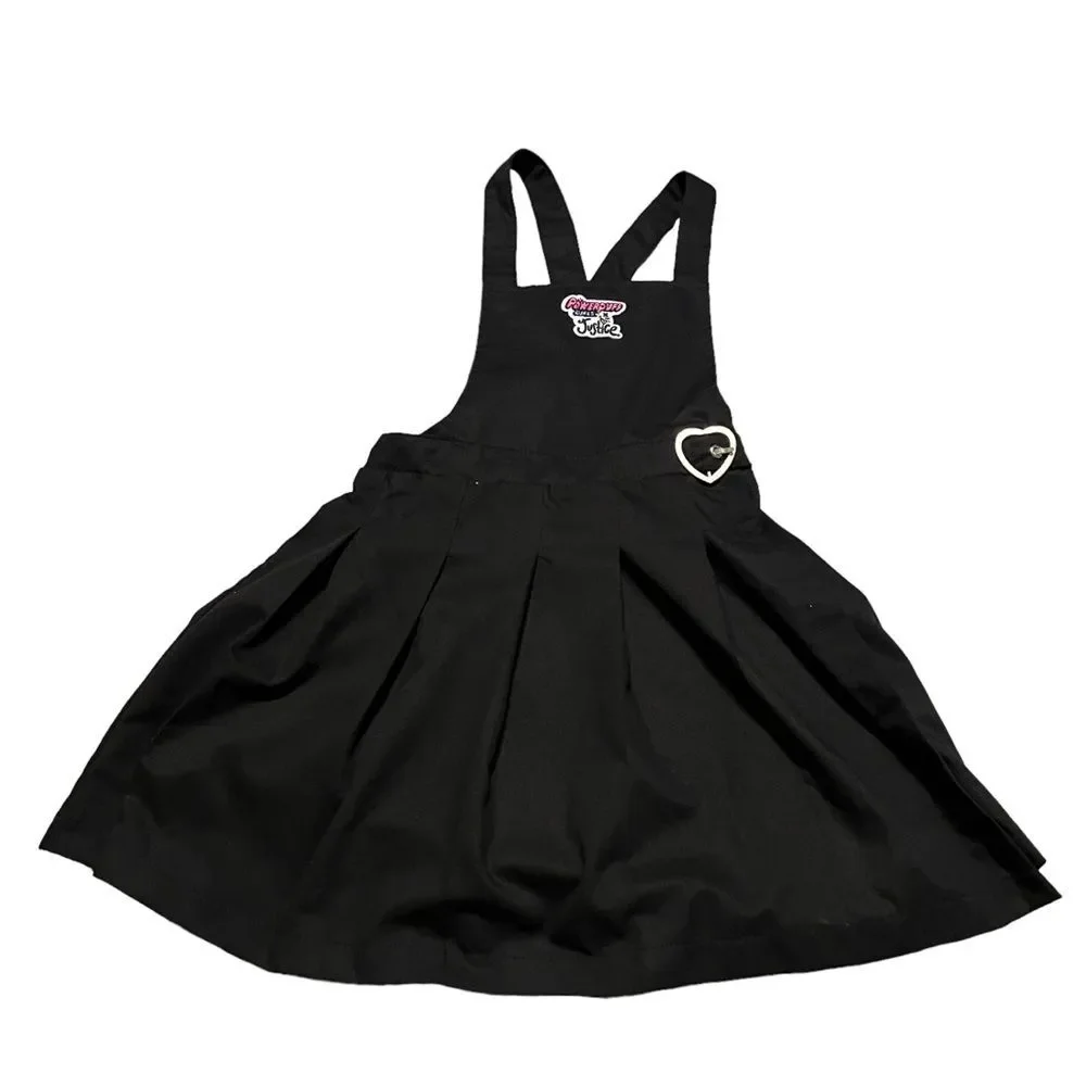 Justice X Powerpuff Black Sleeveless Jumper Dress Criss Cross Back Heart Buckle