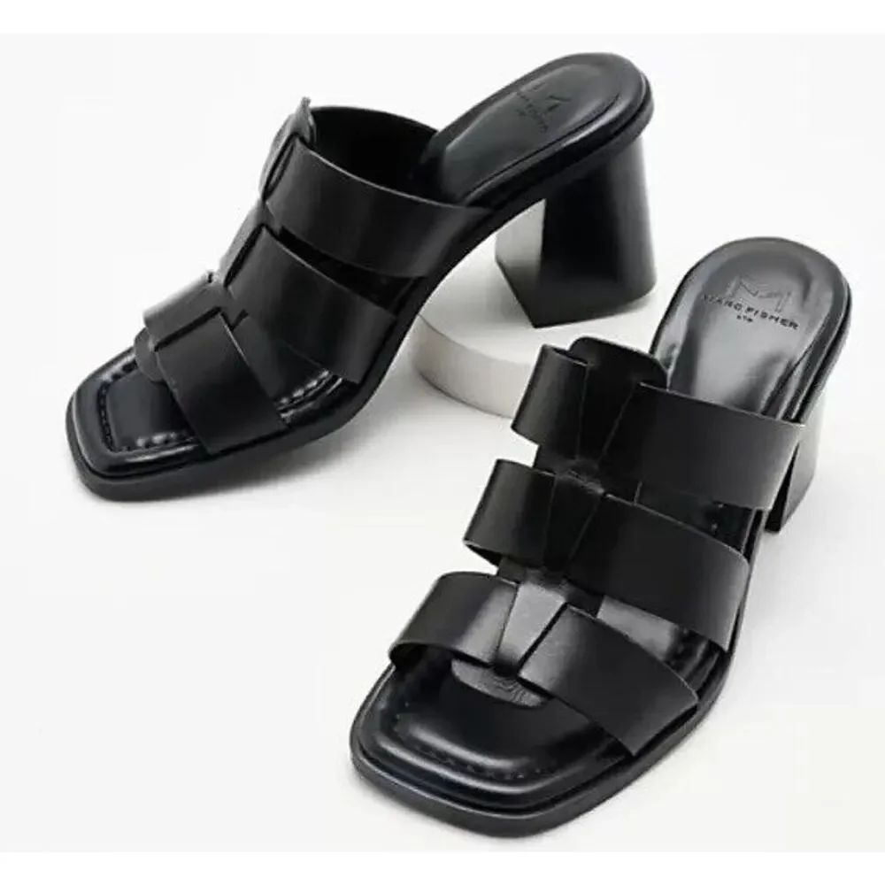 New Marc Fisher LTD Louisa Leather Block Heel Slip On Mules Woven Black Size 11M