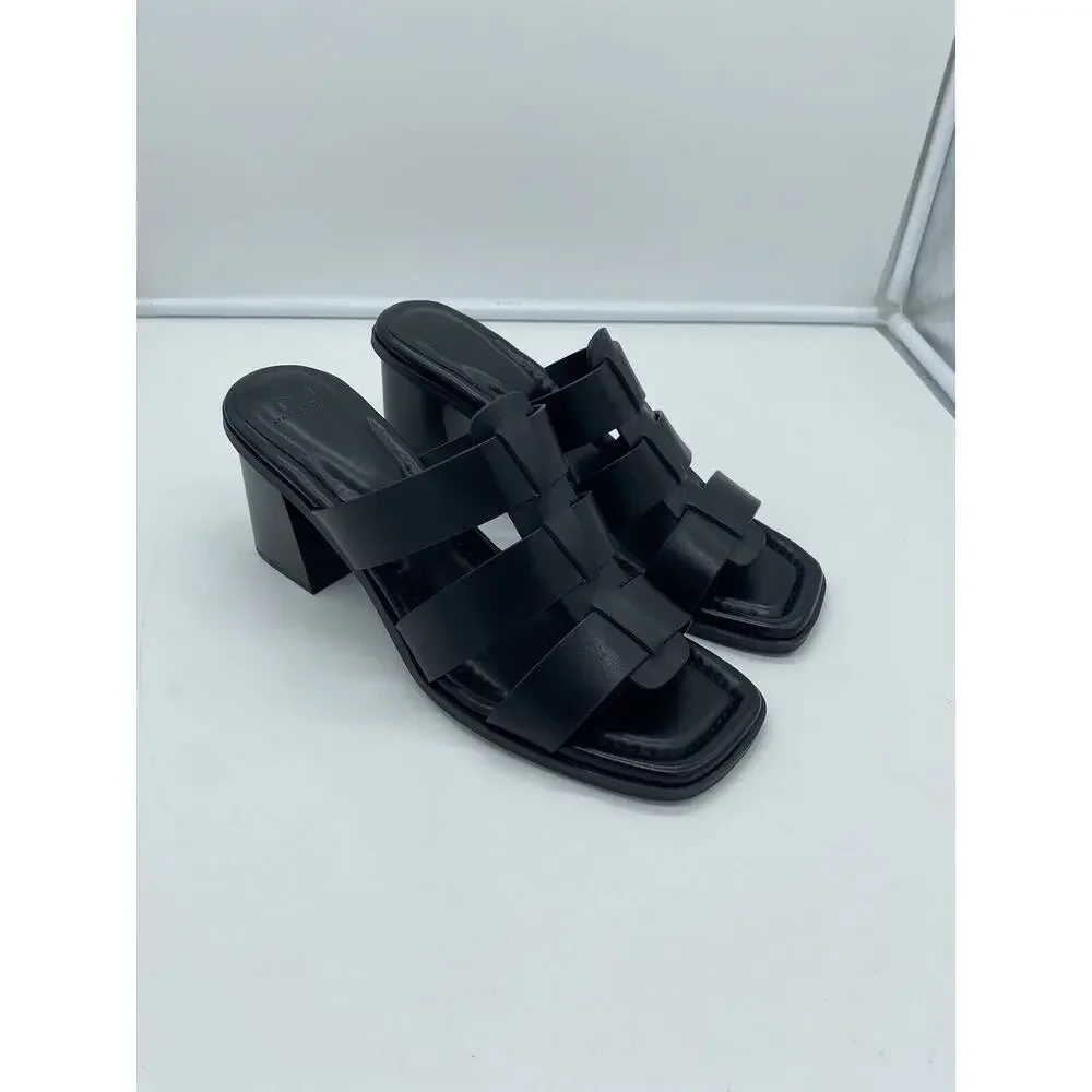 New Marc Fisher LTD Louisa Leather Block Heel Slip On Mules Woven Black Size 11M