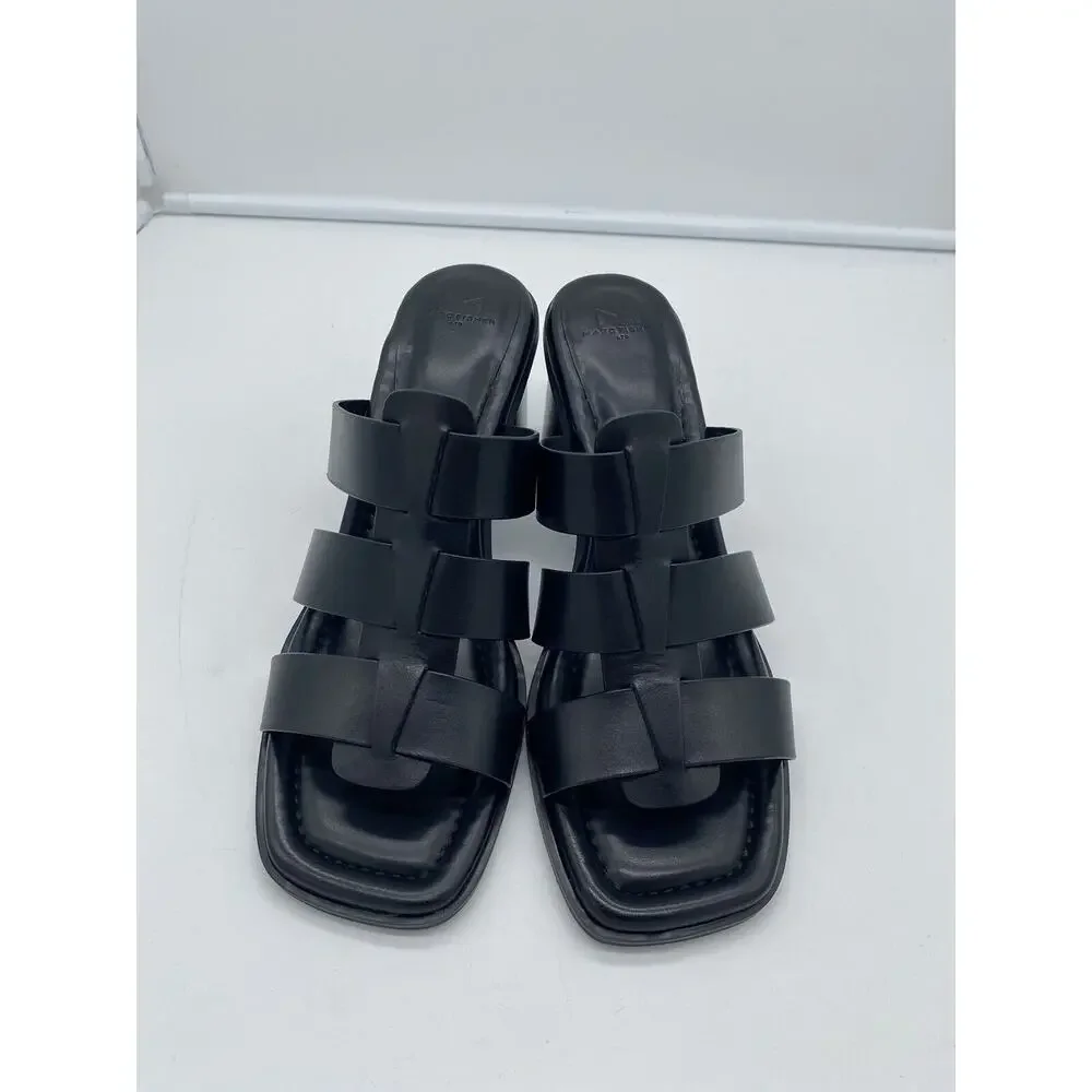 New Marc Fisher LTD Louisa Leather Block Heel Slip On Mules Woven Black Size 11M