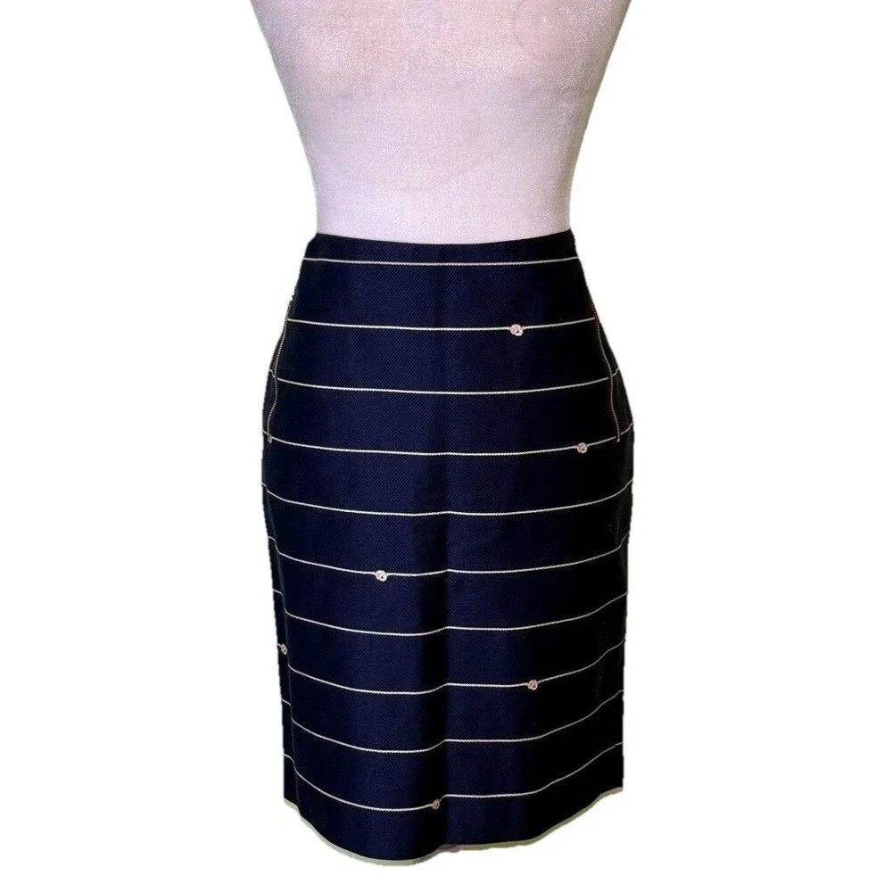 Women’s Navy White Striped Pencil Skirt‎ Nautical Preppy Knee Length Side Zip 8