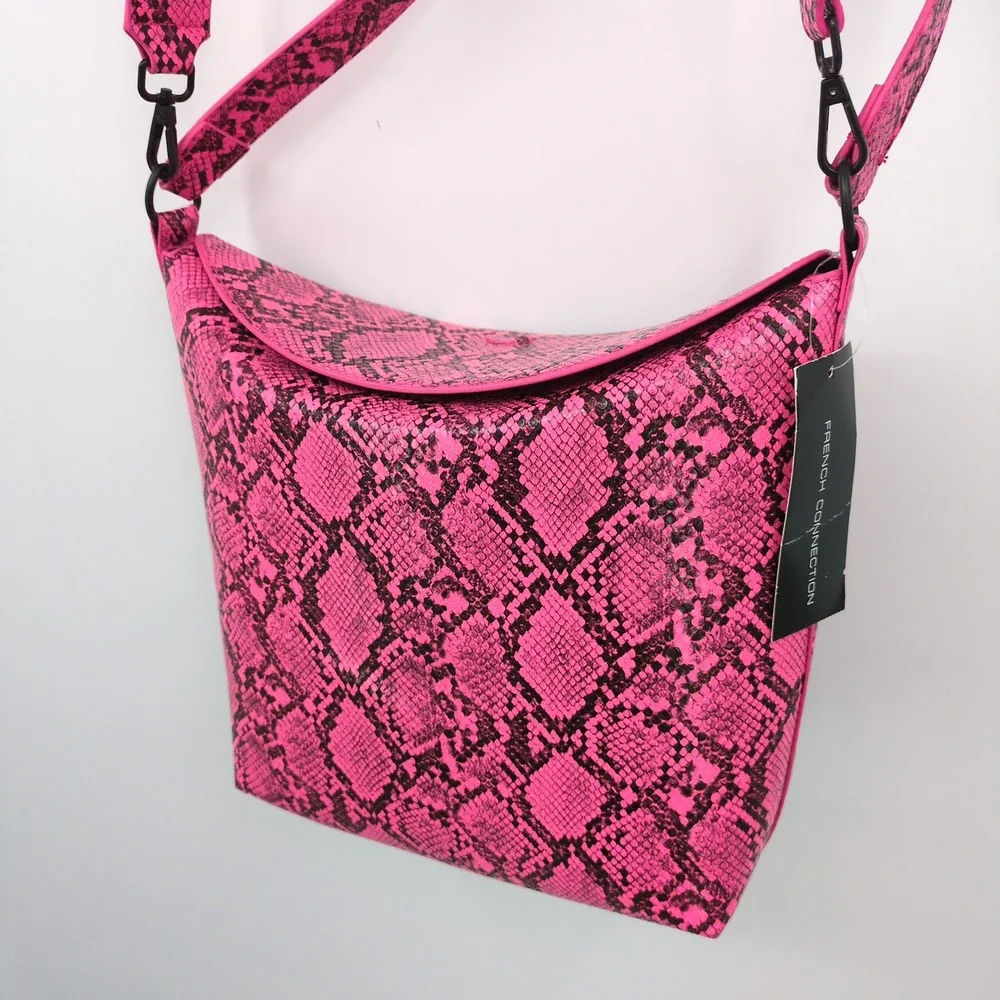 French Connection Lucy‎ Neon Pink Snakeskin Bucket Crossbody Bag NWT