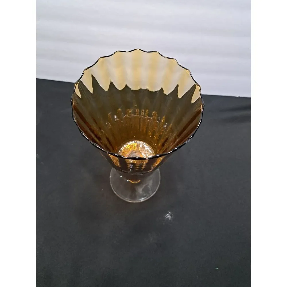 Vintage Amber Art Glass Large Paneled Flower‎ Vase Twisted Stem Scalloped