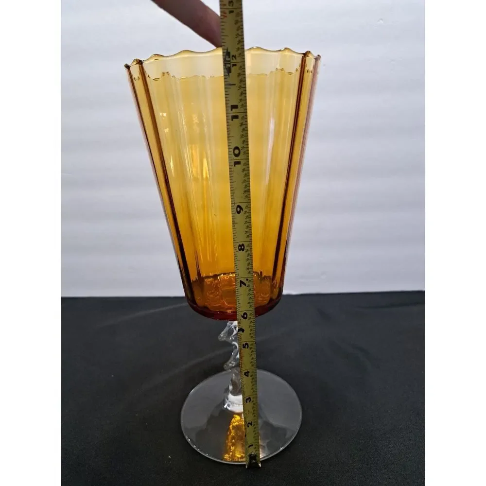 Vintage Amber Art Glass Large Paneled Flower‎ Vase Twisted Stem Scalloped