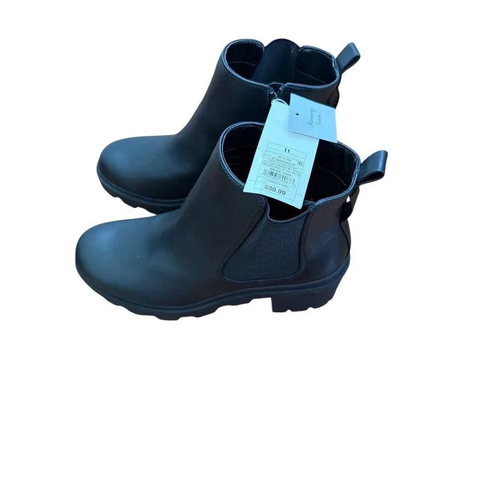 Black Faux Leather Lug Sole Chelsea Boots Chunky‎ Heel Side Zip Women Size 11
