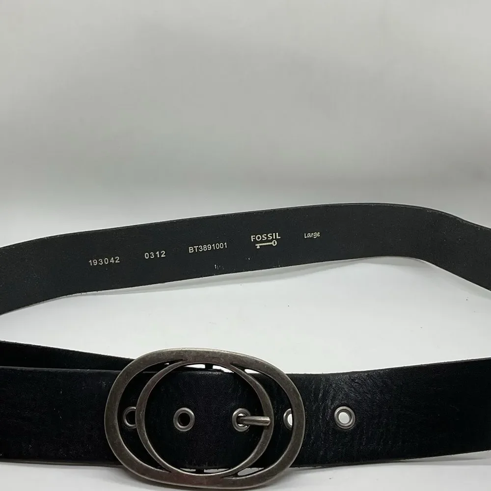 Fossil Black Leather Belt with Double Oval Silver Buckle