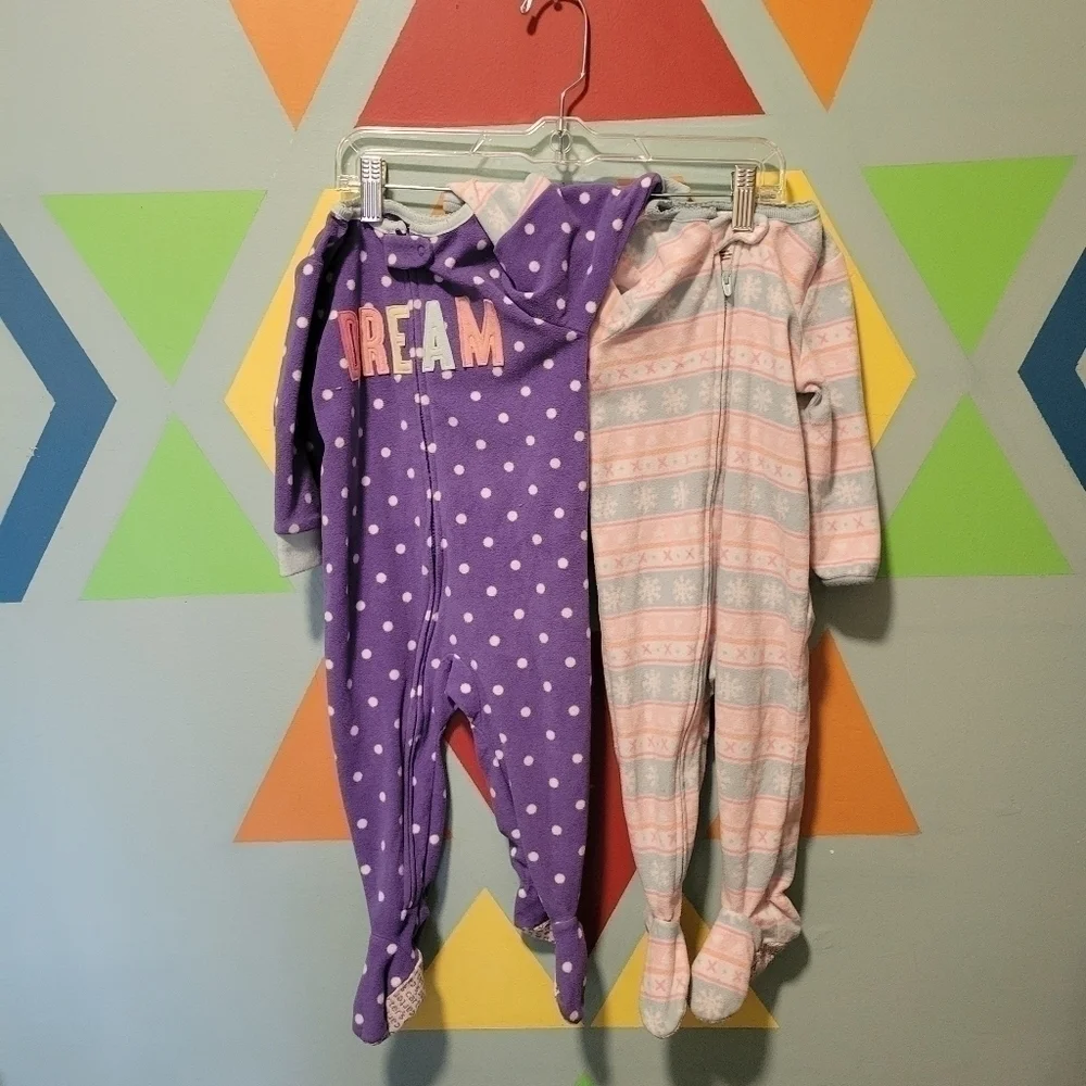 Set Of 2 Carter's Girl's Footie Pajamas Side Foot Zip-Up Size 12 Months