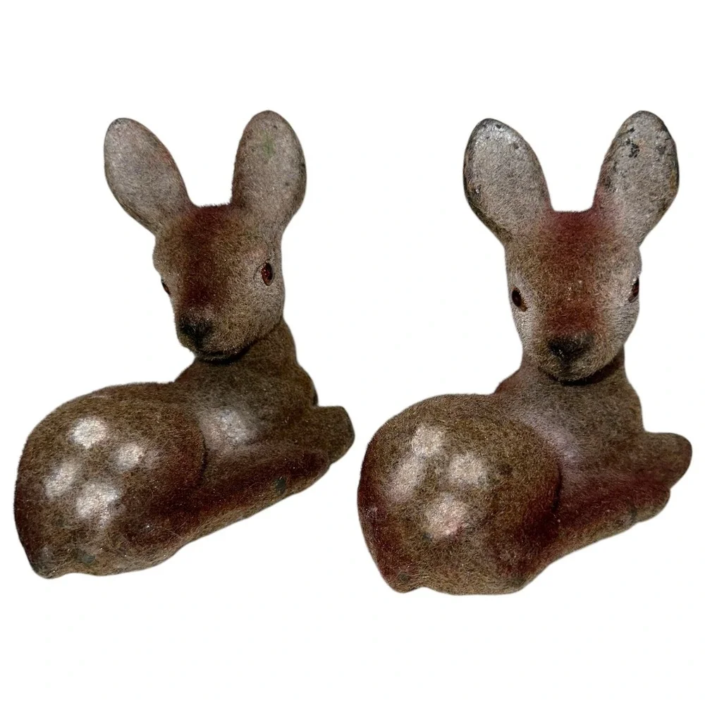Lot 2 Vintage Deer Fawn Velvet‎ Flocked Figurines Figures Hong Kong