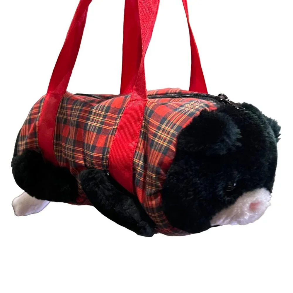 Cat Purse Girl Black & White Cat Stuffed Plush Red Plaid‎ 12” Length - Small