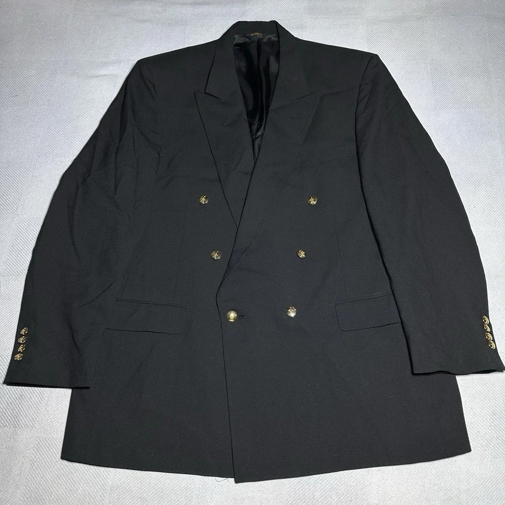 Vintage Austin Reed Blazer Mens 46L Gold Button Double Breasted Black‎ Wool