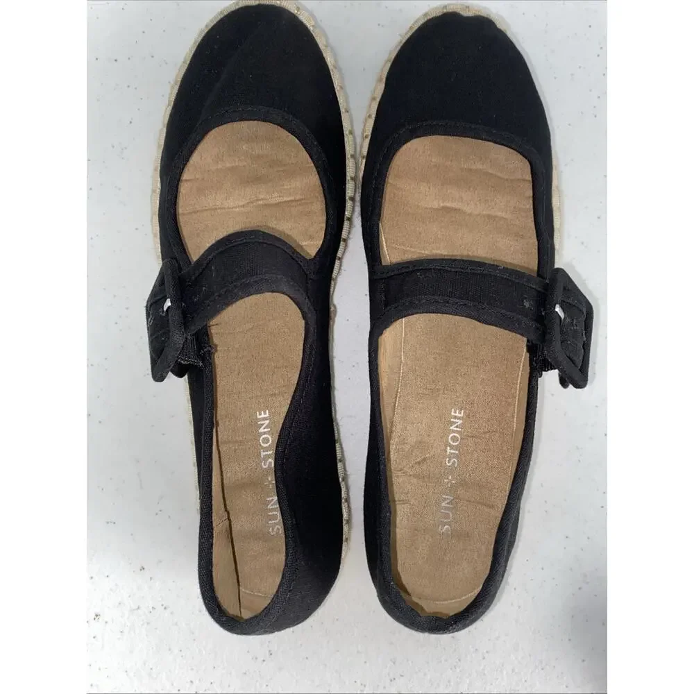 Sun + Stone Black Canvas Poppyy Espadrilles Mary Janes Shoes Women’s Size 7.5