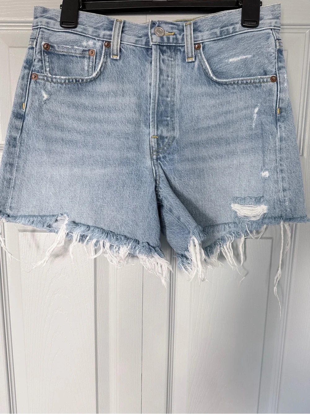 Agolde Parker Long Light Blue Distressed Denim Cutoff Shorts