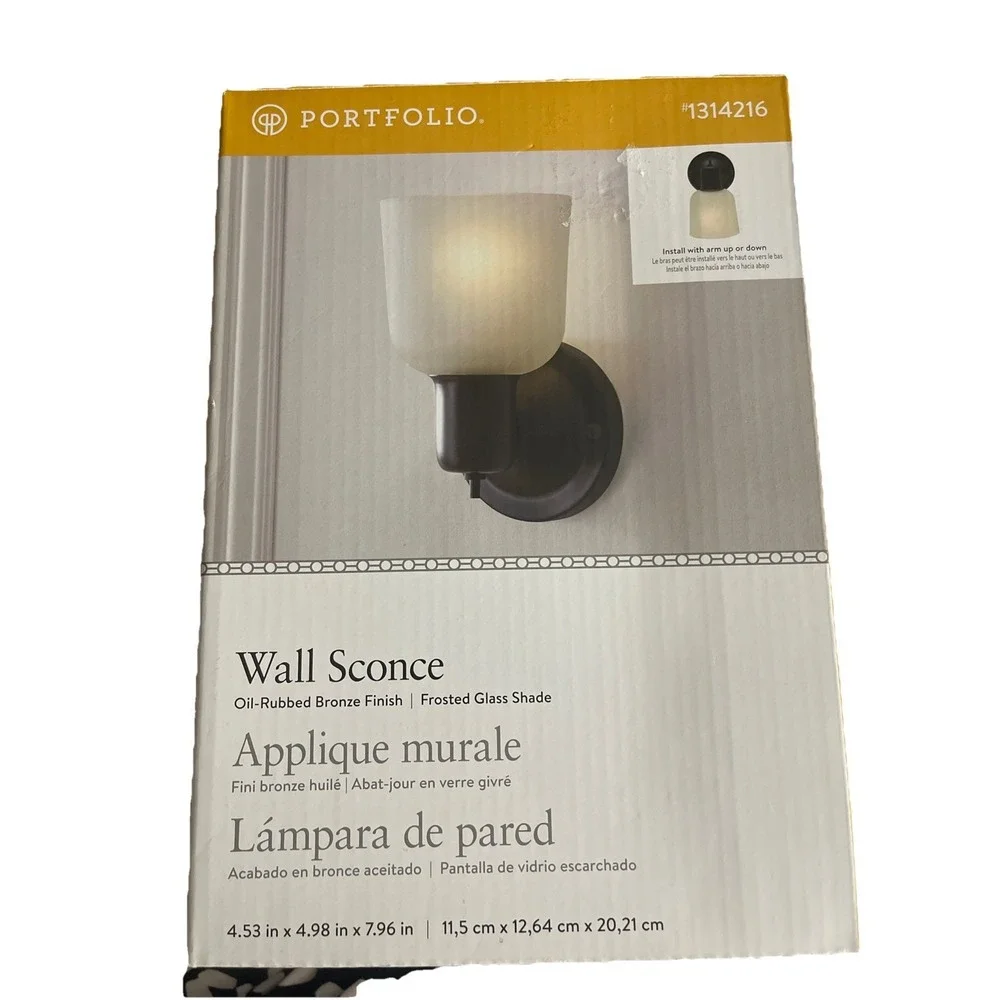 Portfolio 1-Light Oil-Rubbed Bronze Wall Sconce Light‎ w/Frosted Glass 1314216