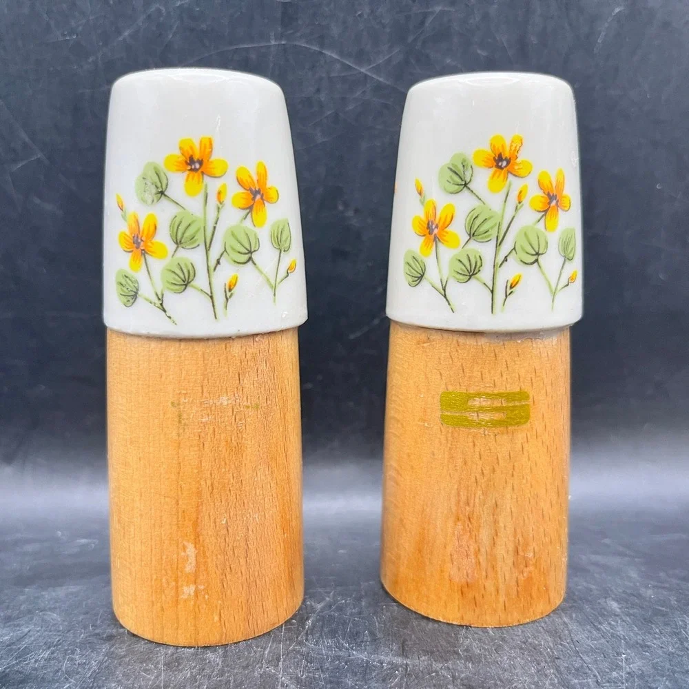 VTG MCM Wood Salt & Pepper Shakers Ceramic Tops 3.5
