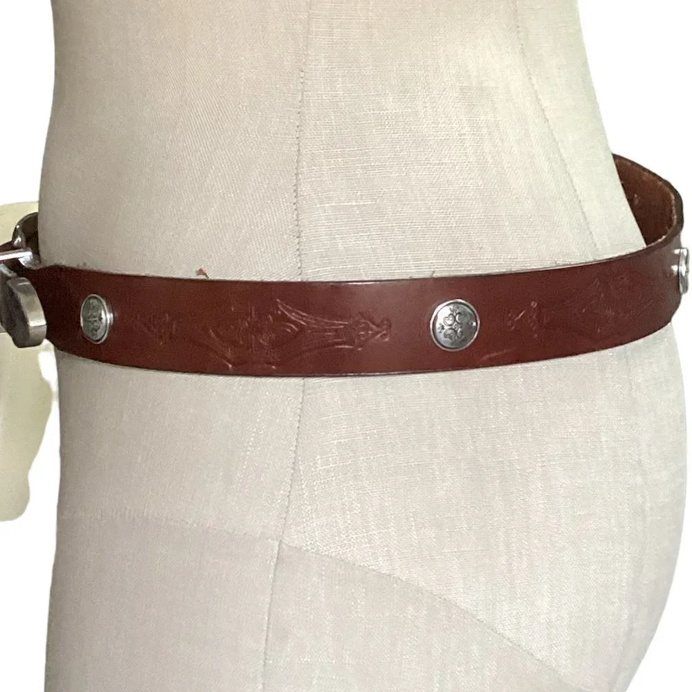 VTG Leegin USA 34-38 Western Belt Brown Hand Tooled Leather‎ Silver Conchos 29S