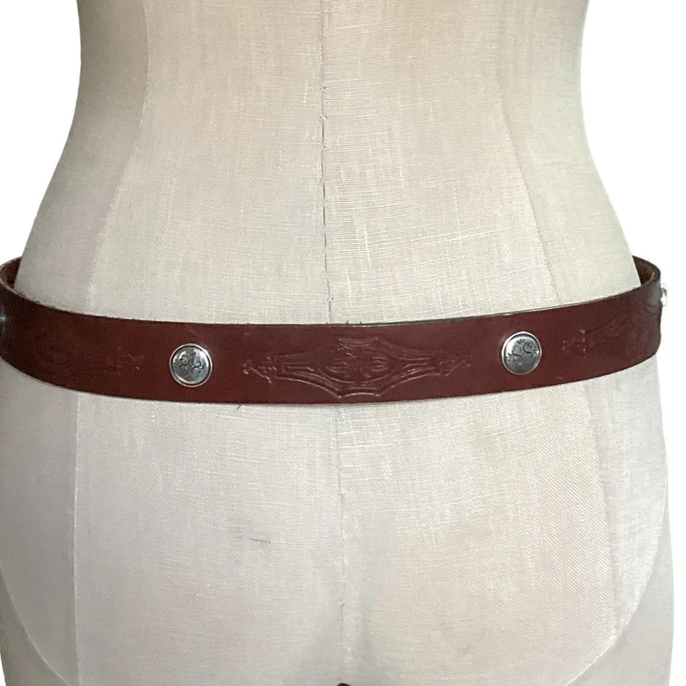VTG Leegin USA 34-38 Western Belt Brown Hand Tooled Leather‎ Silver Conchos 29S