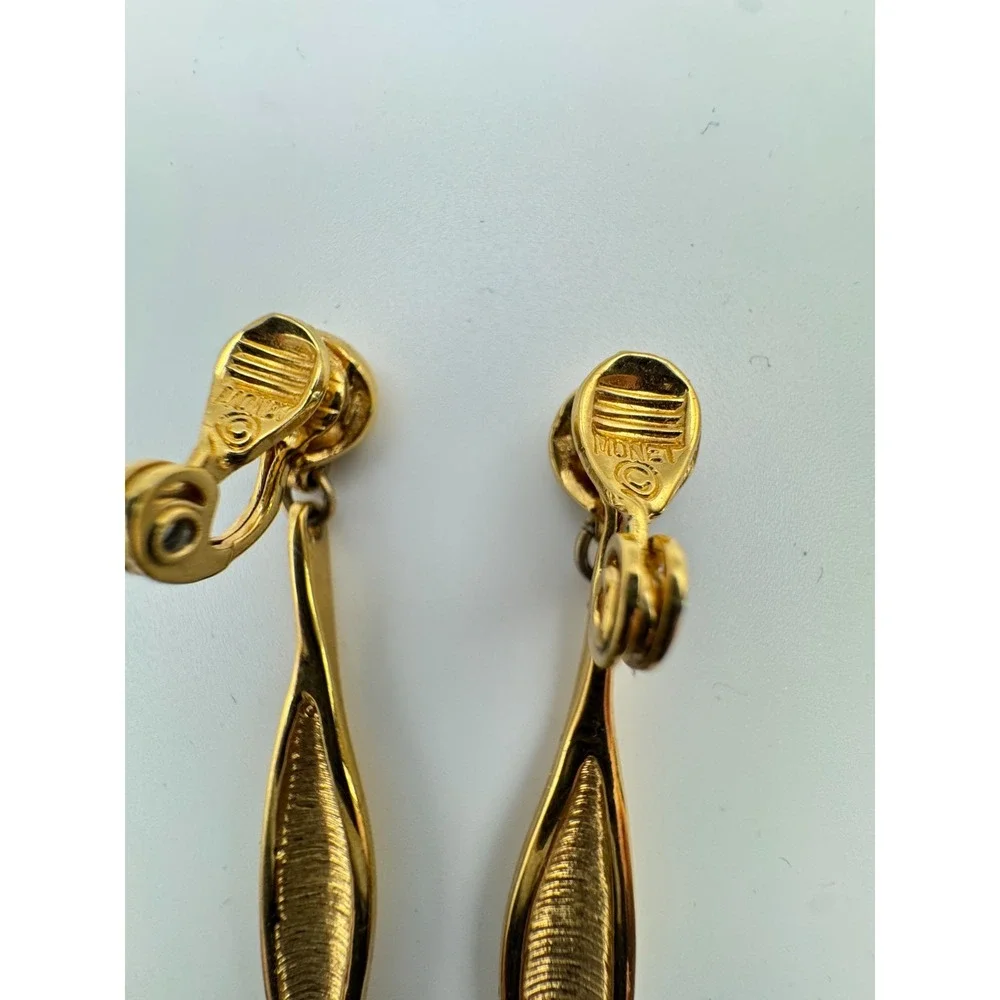 Vintage Monet Earrings Long Gold Drop Sculptural Dangle Sleek
