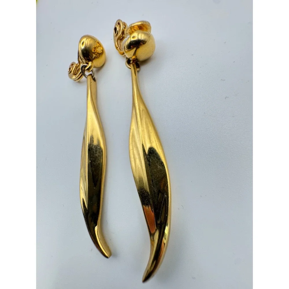 Vintage Monet Earrings Long Gold Drop Sculptural Dangle Sleek
