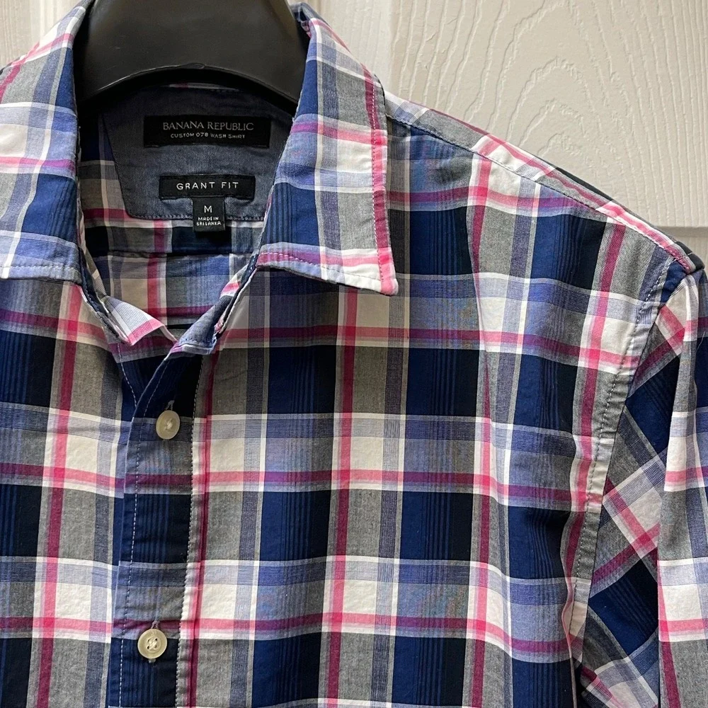 Banana Republic Men's M Grant‎ Fit Shirt Navy Pink Blue Plaid Oxford EUC