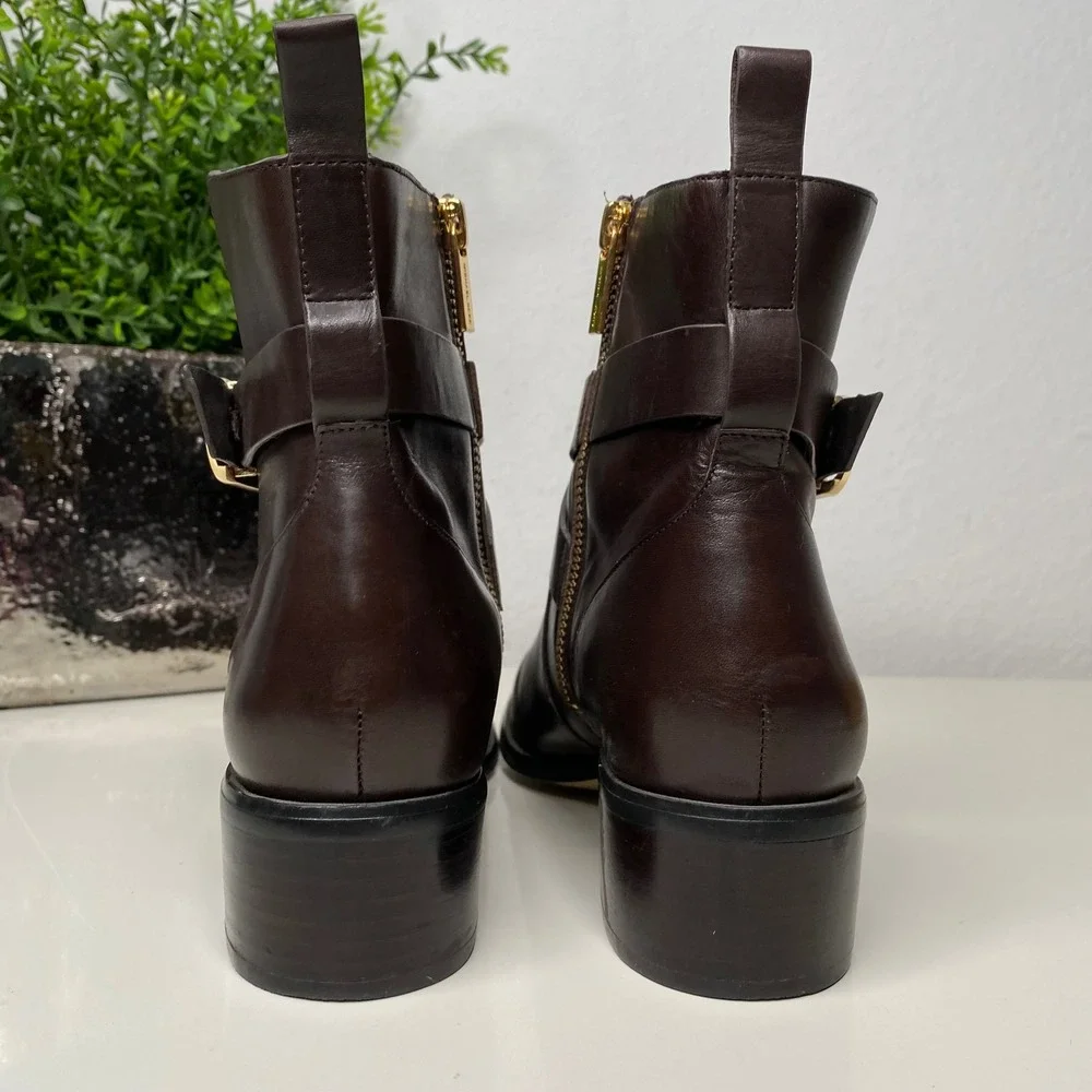 Michael Kors Bryce Chocolate Brown Leather Ankle Boots Side Zip Block Heel‎ SZ 8