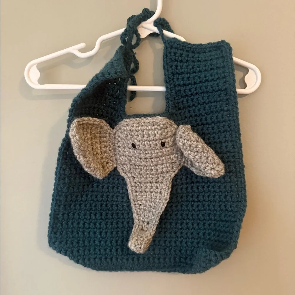 Handmade Teal and Gray Elephant Knit Kids Bib