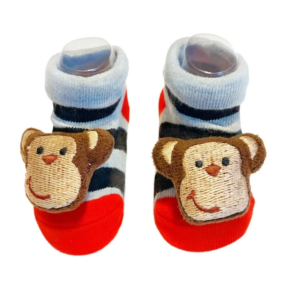 Monkey Head Face Infant Newborn Baby Texture Grip Socks Multicolor Strips NEW