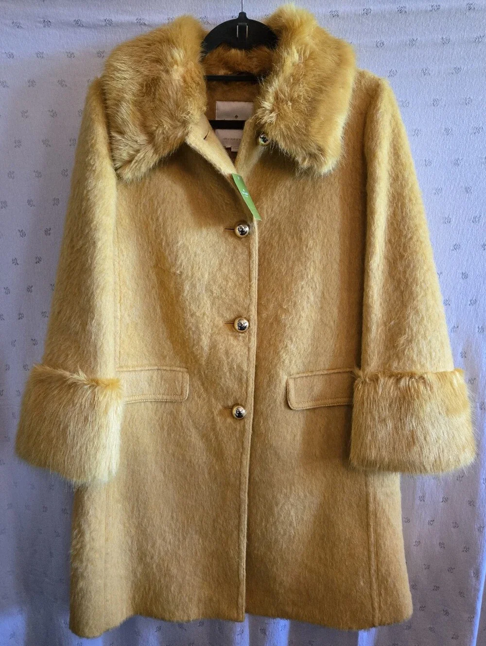 NWT kate spade Fluffy Wool Faux Fur Trim Coat Glitzy Ritzy Maize Yellow Size 10