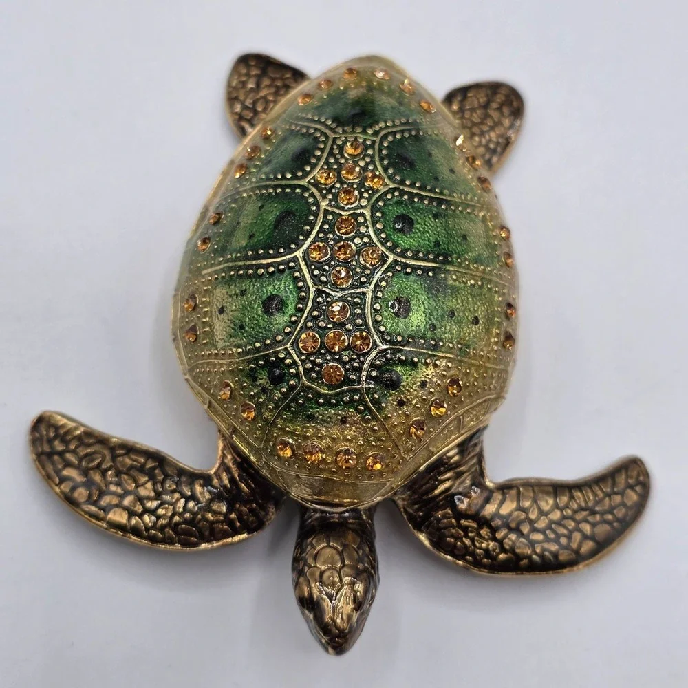 Enamel Trinket Box Turtle Hinged Jeweled‎ Decorative Figurine Collectible