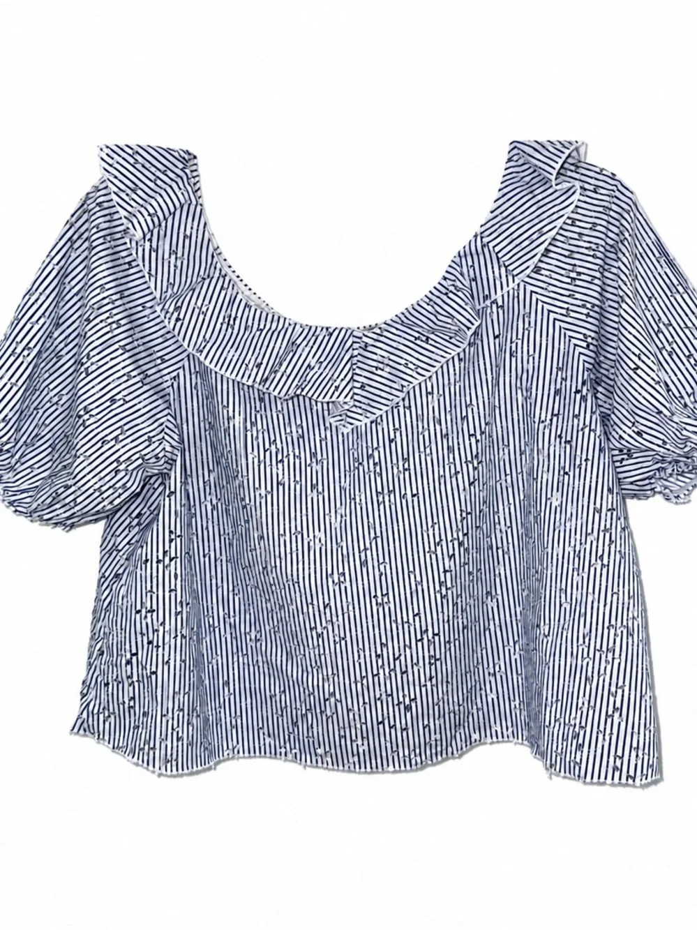Zara Women's Navy & White Eyelet Striped Ruffled Neck Blouse Size M