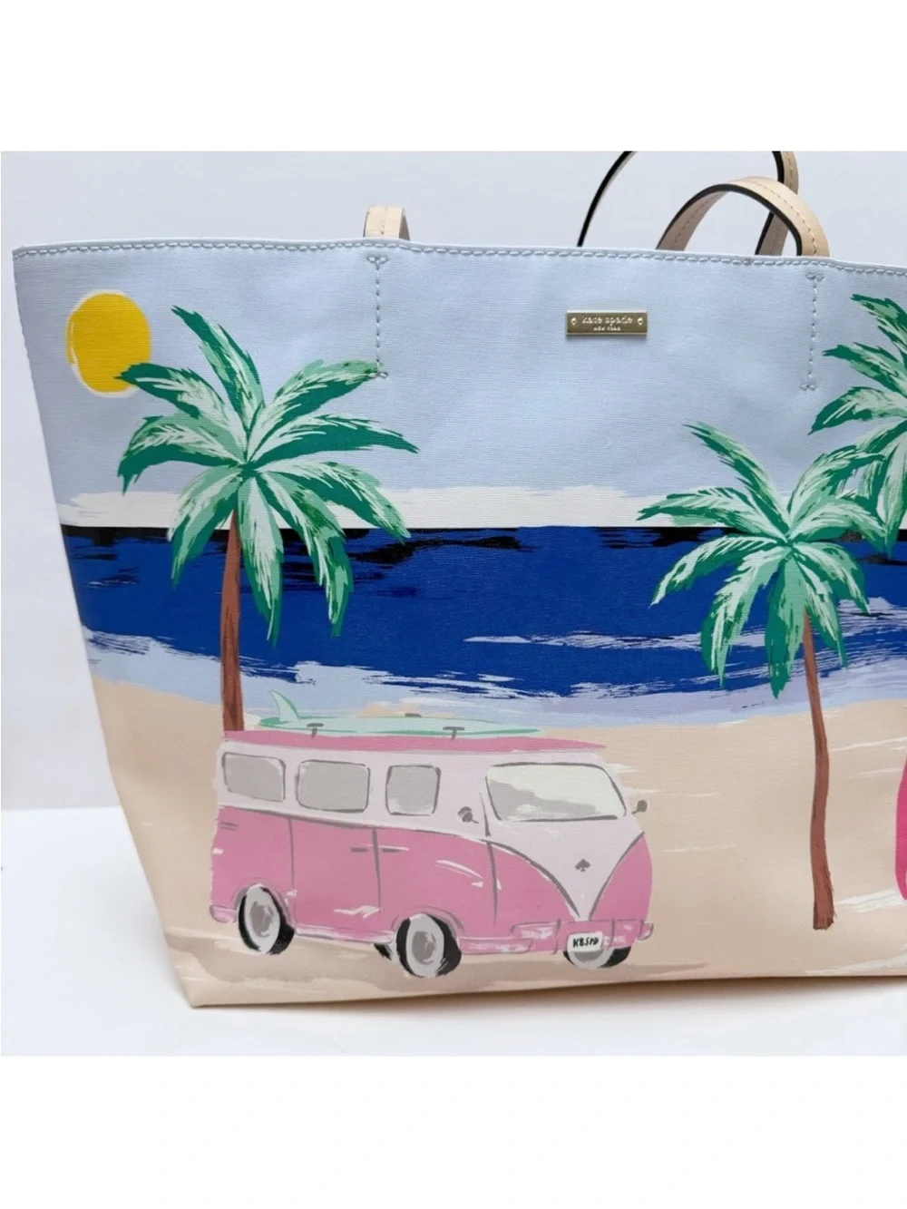 Kate Spade Hallie Tote Beach Scene Palm Trees VW Bus Coastal Tote