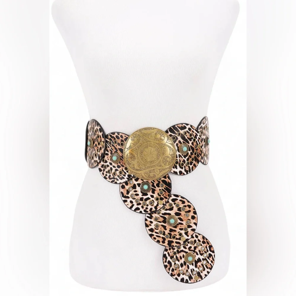 Vegan Leather Animal Print Western Concho Statement Belt