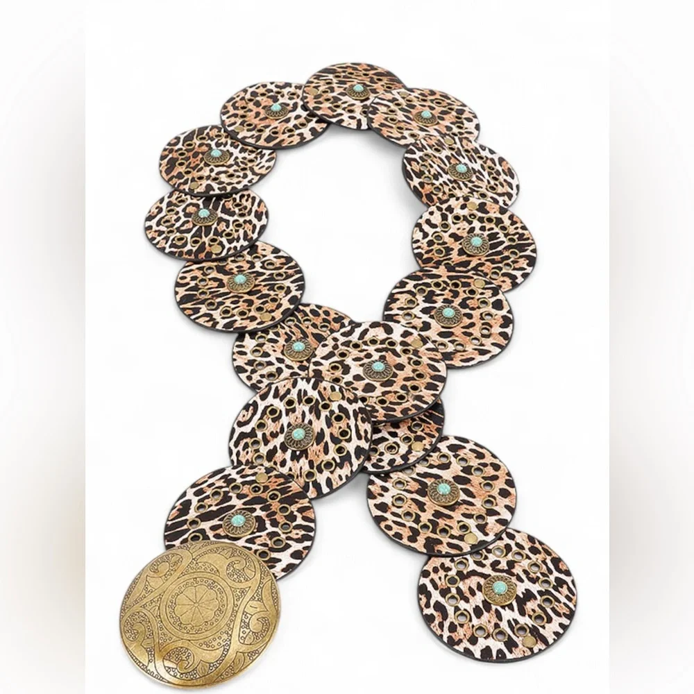 Vegan Leather Animal Print Western Concho Statement Belt