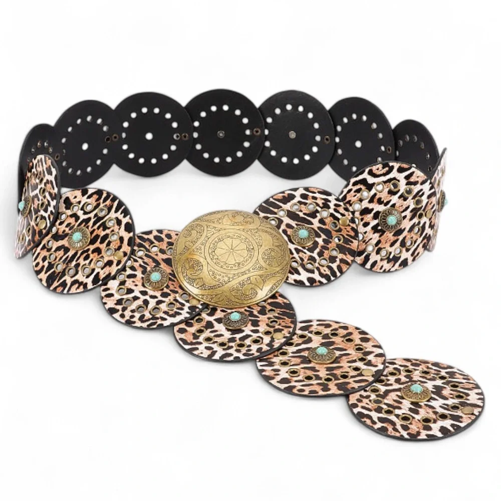 Vegan Leather Animal Print Western Concho Statement Belt