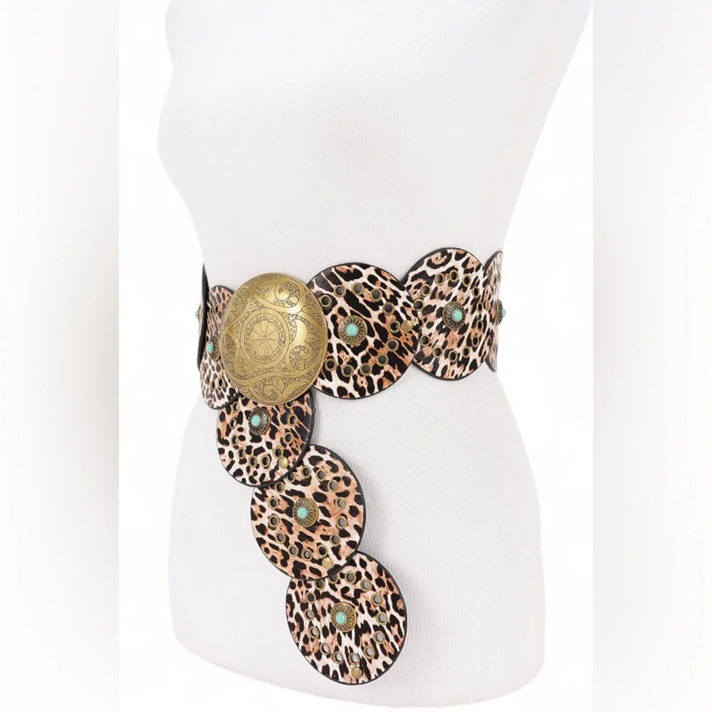Vegan Leather Animal Print Western Concho Statement Belt