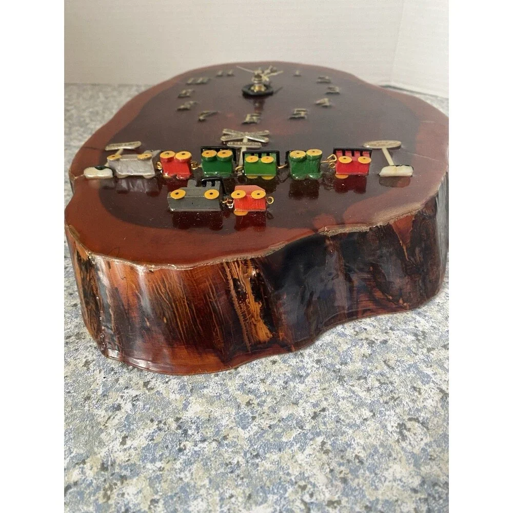 Vtg Hand Made Wood Slab Live Edge quarts wall  Clock w Train  Railroad Crossing