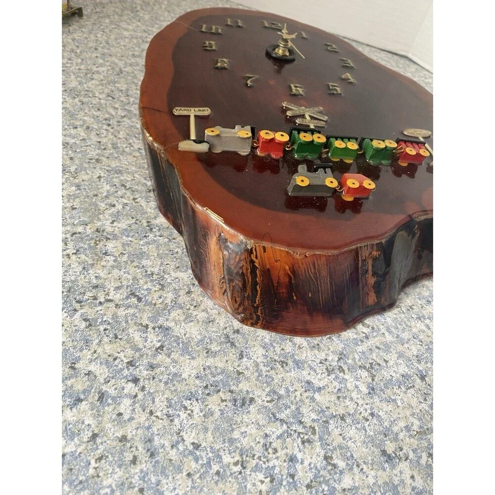 Vtg Hand Made Wood Slab Live Edge quarts wall  Clock w Train  Railroad Crossing
