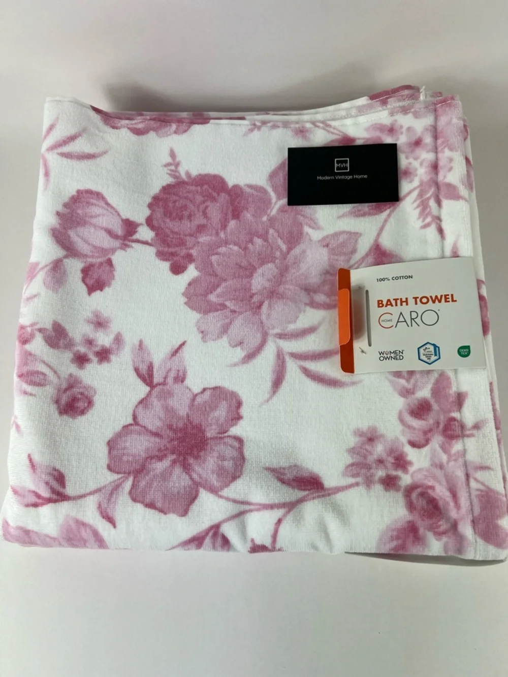 Caro Home Bath Towel Set Pink White Floral Soft Cotton Velour Set of 2 NEW