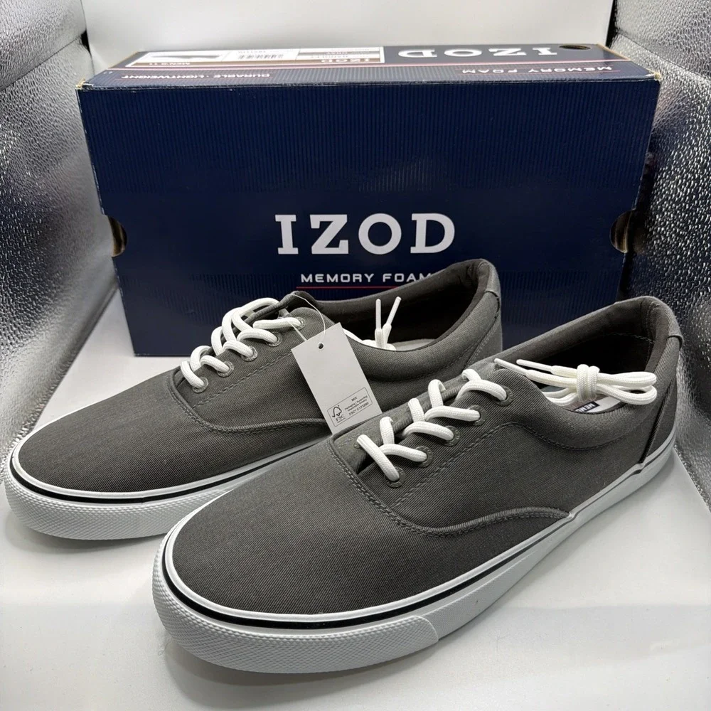 Izod Men's Size 13 Rangley Gray Lace-Up Casual Canvas Boat Shoes