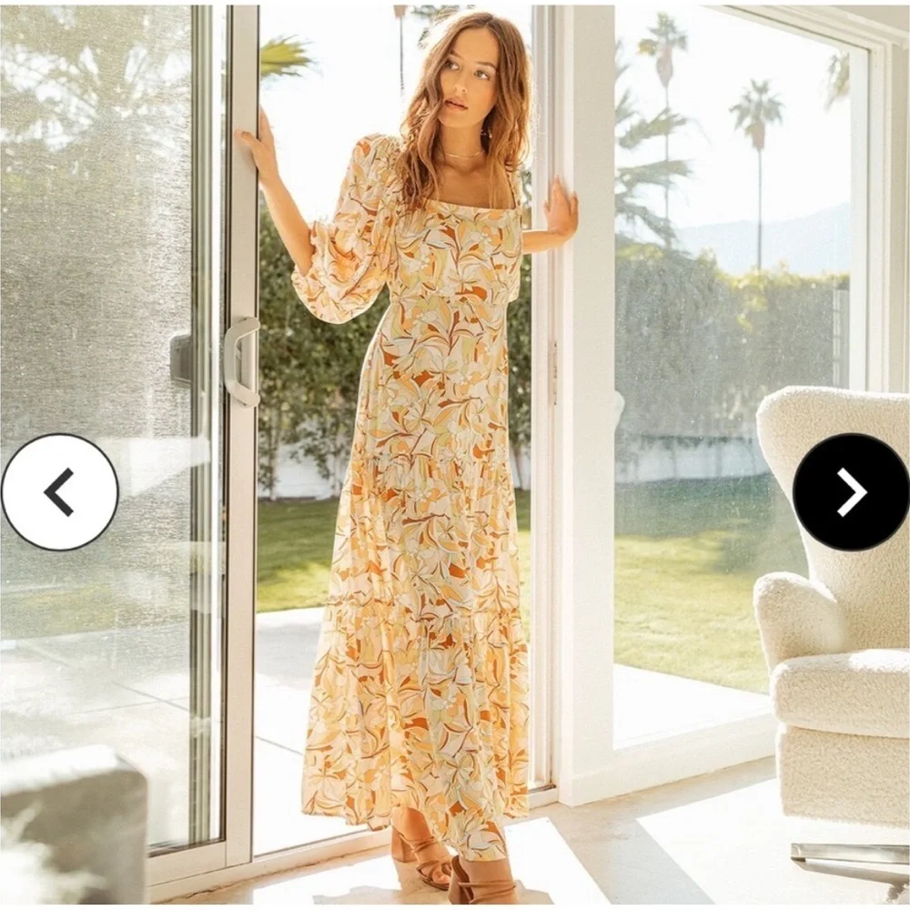 L*Space Bahia Balloon Sleeve Bohemian Cream & Orange Floral Tiered Maxi Dress XS