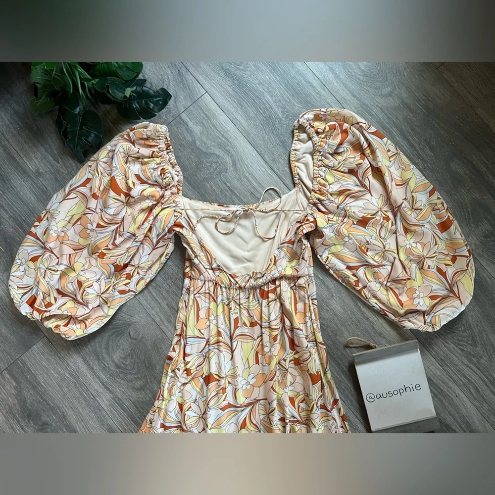 L*Space Bahia Balloon Sleeve Bohemian Cream & Orange Floral Tiered Maxi Dress XS