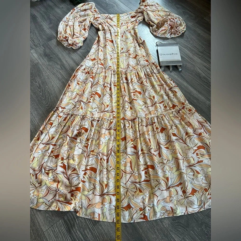 L*Space Bahia Balloon Sleeve Bohemian Cream & Orange Floral Tiered Maxi Dress XS