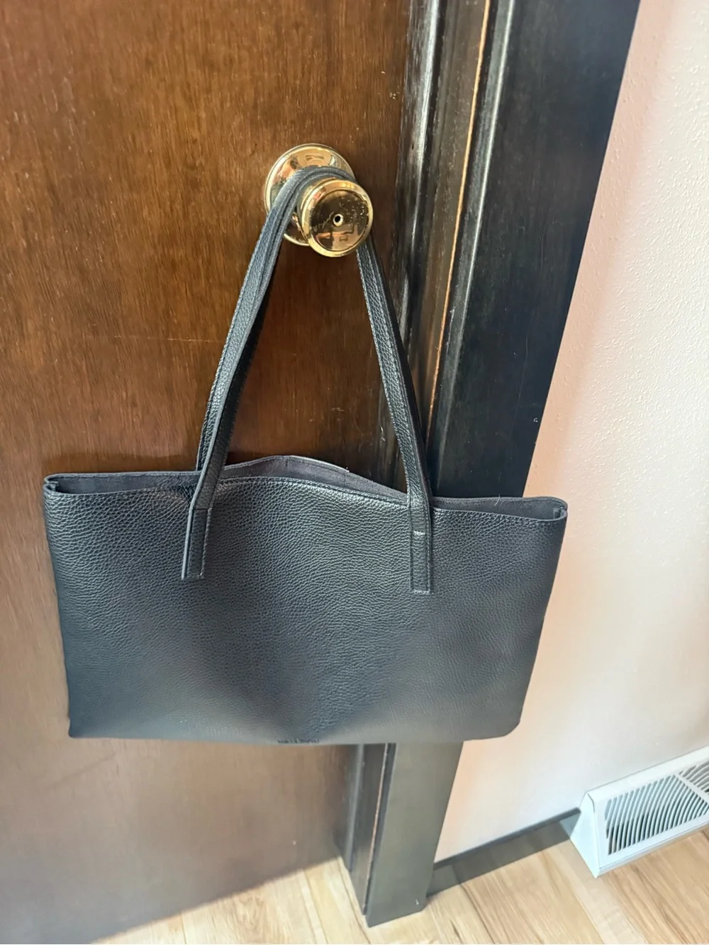 Vince Camuto Pebbled Vegan Leather Luck Tote in black with gray stripe