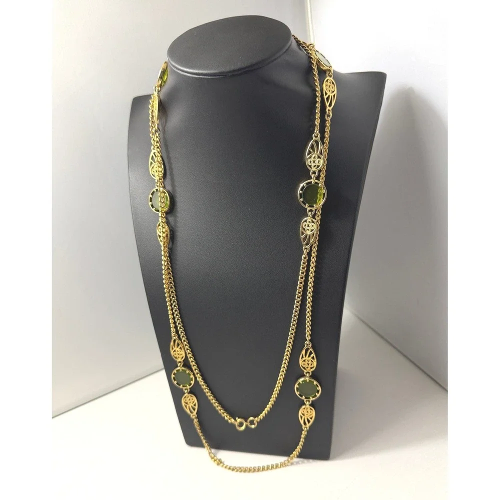 Vintage Necklace Long Opera Green Gold Tone Filigree 52